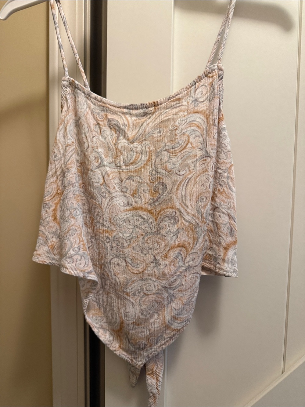 Womens Paisley Tie-Hem Spaghetti Strap Top - Cream/Gray/Gold